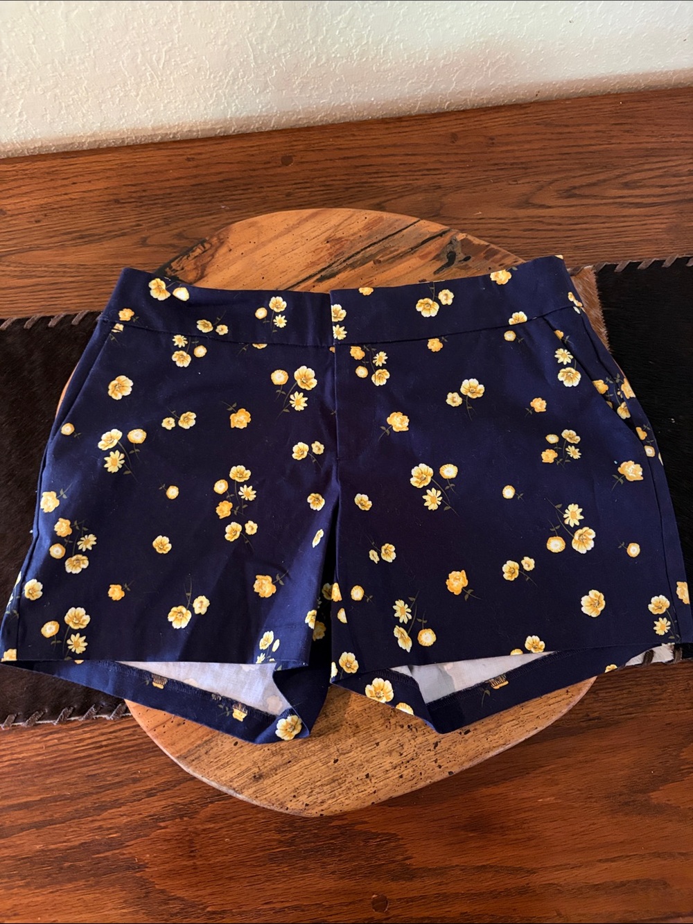 Maison Jules Navy High-Waist Floral Shorts with Yellow Print